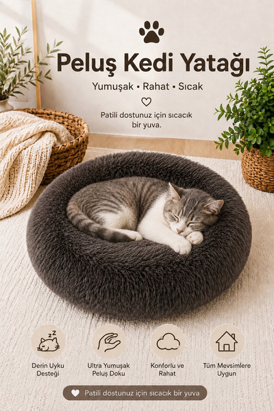 Gri Peluş Kedi Yatağı 65 cm Yuvarlak Simit Minder Tilki Kuyruğu Kumaş
