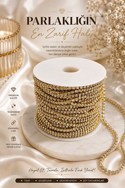 BKC TİCARET Şerit Taş Ss16 Gold (5 METRE) – Boncuk-Kristal Taşlı Gold Zincir ...
