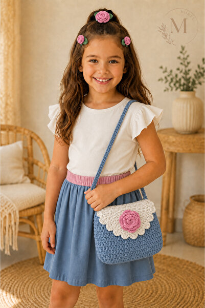Morey Blue Hand Knitted Children's Bag and Hair Accessory Set with Pink Roses