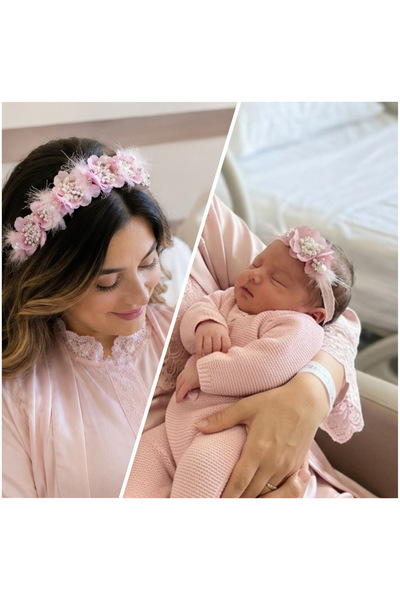 ROYAL ROX Boncuk İşlemeli Şeker Pembe Lohusa Tacı ve Yenidoğan Bebek Bandı – ...