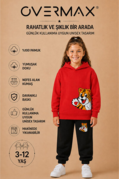 OVERMAX Baby Tiger Printed Children's Hooded Sweatshirt Set – Ages 3-12