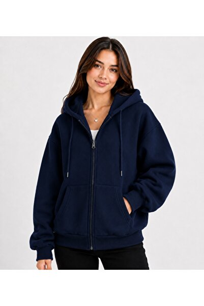 Nacar 3'iplik Kapüşonlu Unisex Fermuarlı Sweatshirt / Hırka