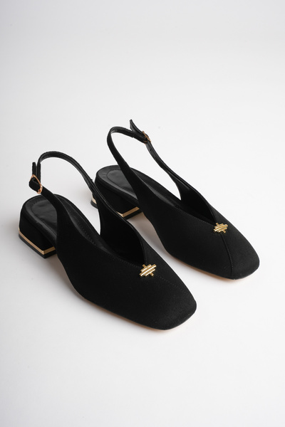 LORVENA Women's Black Suede 4 cm Thick Short Heeled Open Back Shoes with Gold...