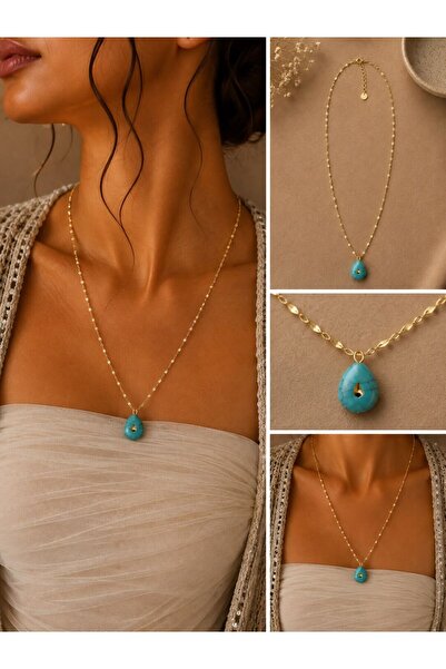 MARE BUTİK Turquoise Natural Stone Look Drop Gold Necklace
