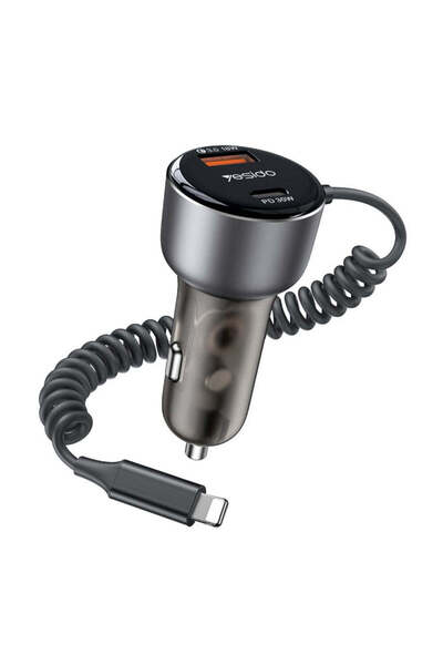 Yesido Încărcător auto (Y57), cu cablu Lightning spiralat, porturi Type-C/USB...