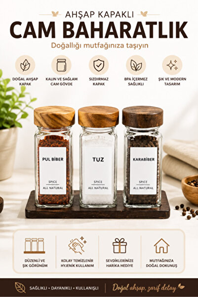 AYGÖREN HOME 3-Piece Acacia Lid and Stand Glass Spice Jar Set (3 Pieces with ...