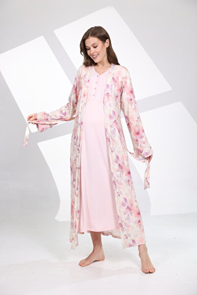 HAFSARA Pink Floral Patterned Dressing Gown and Lace Sleeve Maternity Nightgo...