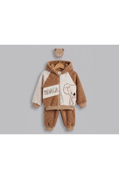 Midikon 2-5 Years Original Lamb Koala Embroidered Zippered Cardigan Double Set