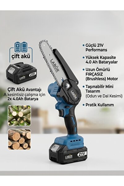 LABOR LBR-BT2140MT Şarjlı 21 V 4.0 Ah Çift Akülü Zincirli Dal Ağaç Budama Kes...