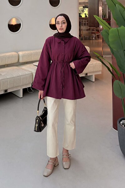 lamelif Fake Cuff Shirt with Tie Detail, Burgundy