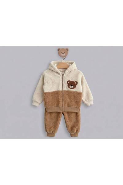 Midikon 2-5 Years Original Lamb Bear Embroidered Zippered Cardigan Double Set