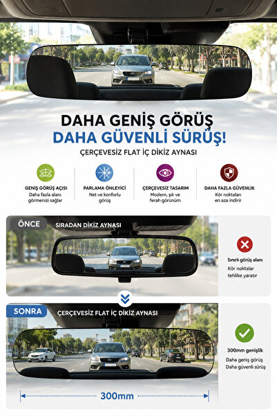 Binbirreyon Flat Çerçevesiz Dikiz Aynası 300mm Geniş Görüş Açısı Aletsiz Mont...