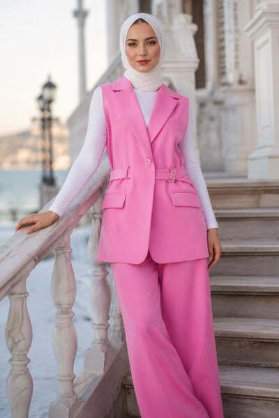 hafsamina Kemerli Yelekli Takım Pembe HM2749