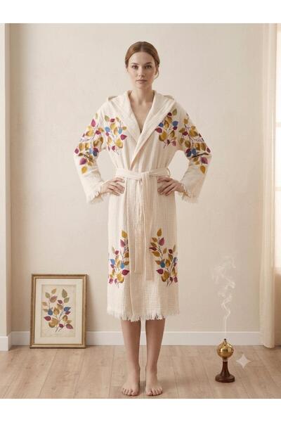 TekStilize Bohemian Colorful Leaf Patterned Peshtemal Muslin Bathrobe Soft, L...