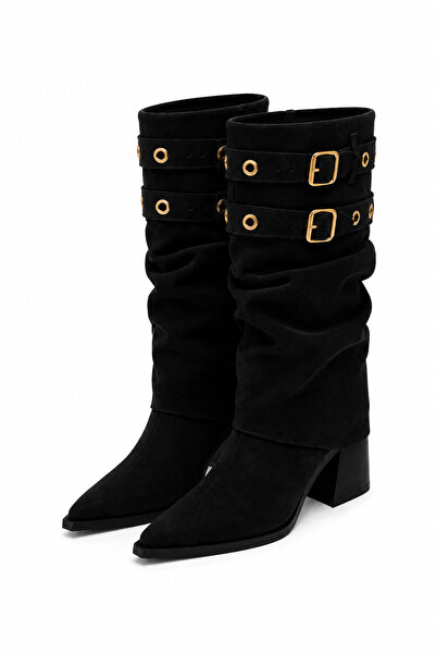 Solo Bag Women's Gold Belt Detailed Bellows Detailed Stylish Thick Heeled Boots