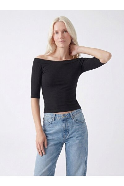 NOUX Kadın Siyah Kayık Yaka Omuzları Açık Fitilli Yarım Kollu Slim Fit Bluz