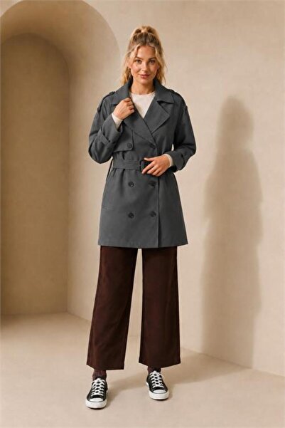 Neşeli Butik Women's Gray Short Seasonal Trench Coat with Shoulder and Sleeve...