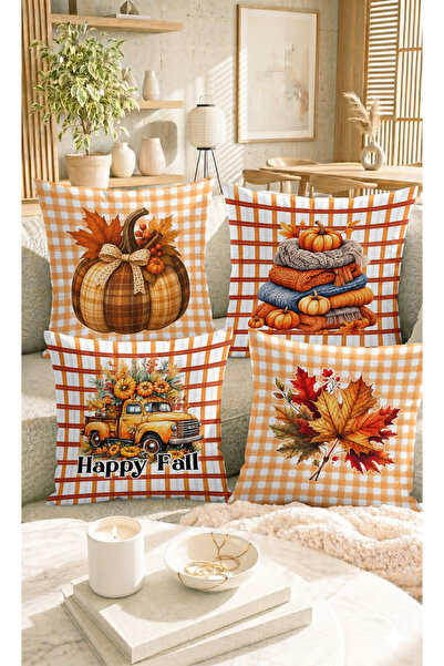 Home Sonbahar Balkabağı, Yaprak ve Happy Fall Desenli Turuncu Çift Taraflı De...
