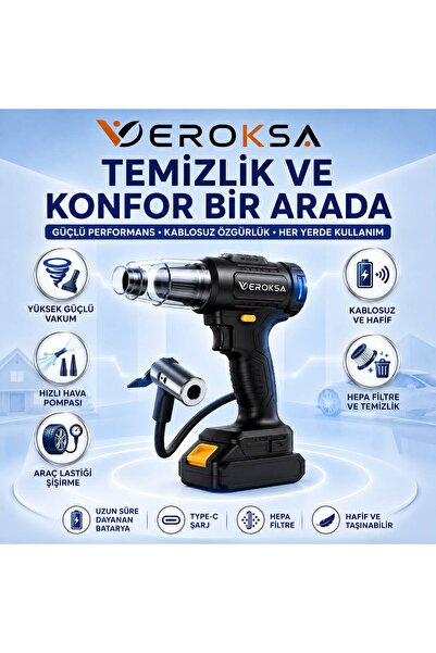 VEROKSA 2’si 1 Arada Şarjlı El Süpürgesi ve Hava Pompası – Kablosuz, HEPA Fil...