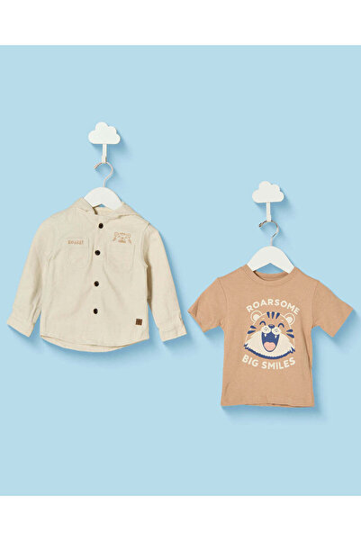REDTAG Infant Boys Cream Bear Hooded Overshirt And Rust T-Shirt Set
