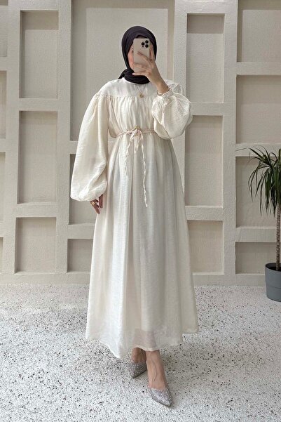 lamelif Belt Detailed Hijab Dress White