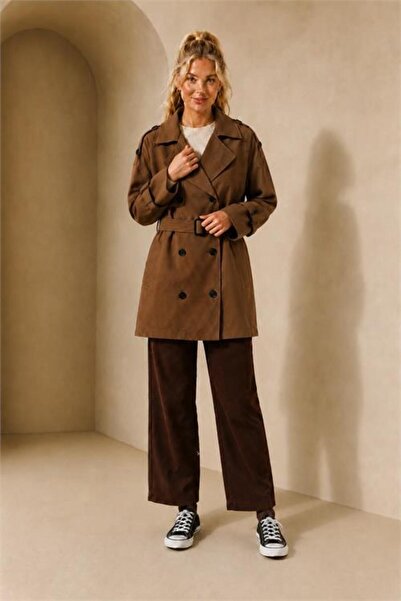 Neşeli Butik Women's Brown Shoulder and Sleeve Detailed Short Seasonal Trench...
