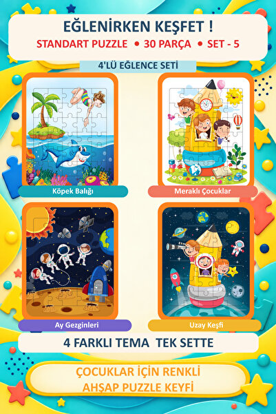 gift plus 30 Parça Montessori Eğitici Ahşap Yapboz 4'lü Set - Motor Beceri Ge...