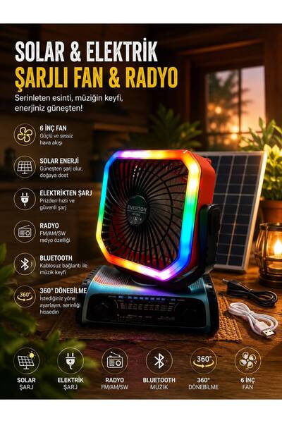 BLOMSTER EVERTON RT-952 Solar Şarjlı 6 İnç Fan Radyo Bluetooth Müzik Çalar RG...