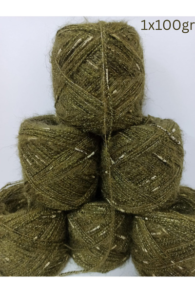 İPEK YÜN İPLİK DÜNYASI Angora Örgü ipi (Haki,Böcek Gold Simli Karışım) 100gr