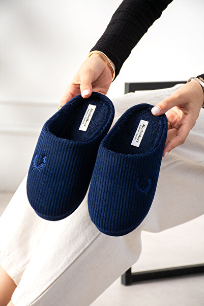 ModaMert Navy Blue Corded Women's House Slippers, Soundproof Comfortable Wool...