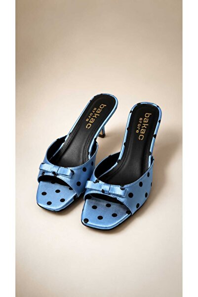 bakac store Amelie Blue Polka Dot Bow Detailed Heeled Slippers