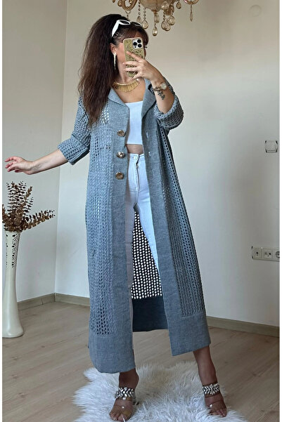 AZRA BUTİK Gold Dugmeli Mesh Cardigan Gray