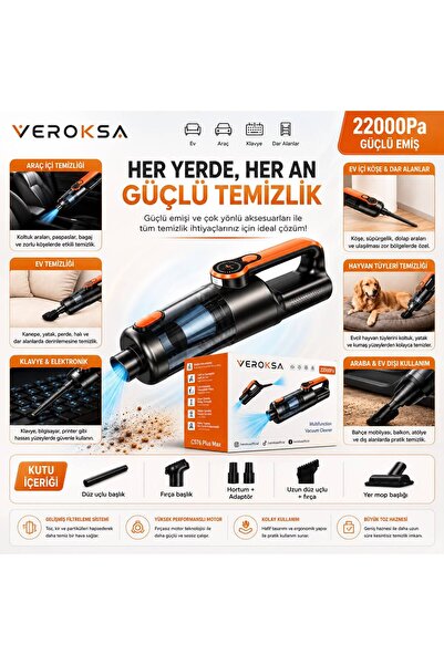 VEROKSA 22.000 Pa Şarjlı Kablosuz El Süpürgesi – Güçlü Emiş, Üfleme Fonksiyon...