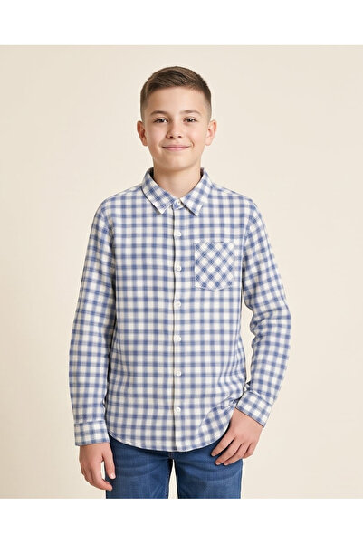 REDTAG Senior Boys Blue And White Check Flannel Shirt With Elbow Patches