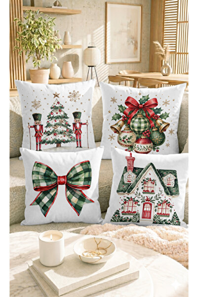 Home Yılbaşı Temalı Noel Ağacı Fiyonk Çan ve Ev Desenli Dekoratif Yastık Kılı...