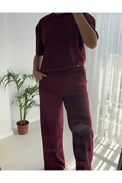 Kadın Bordo Taşlı Oversize Rahat Kesim İkili Takım