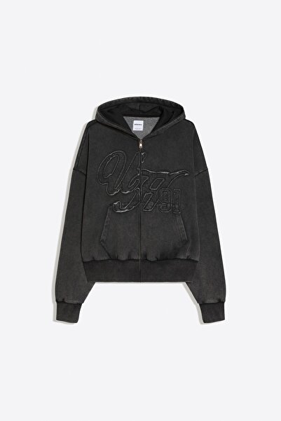 Bershka Yıkamalı fermuarlı kapüşonlu sweatshirt