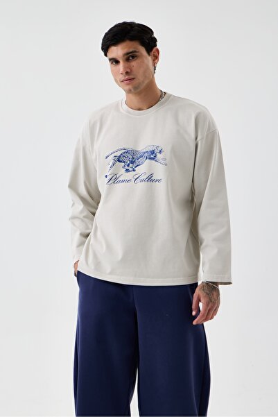 borz clo Unisex Ecru Cheetah Printed Oversize Fit Long Sleeve T-Shirt