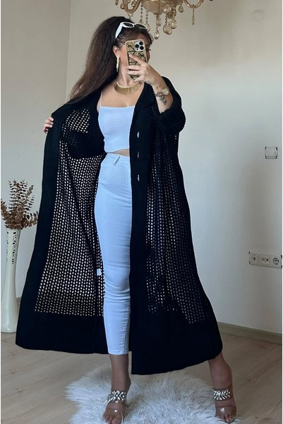 AZRA BUTİK Gold Dugmeli Mesh Cardigan Black