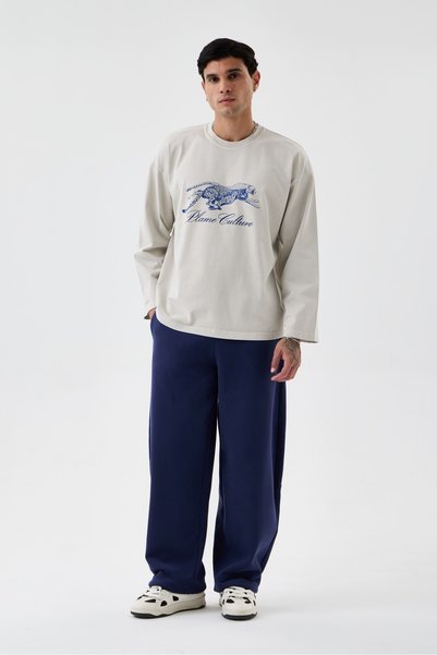 borz clo Unisex Ecru Cheetah Printed Oversize Fit Long Sleeve T-Shirt