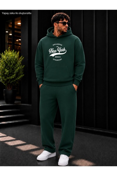 caddekombin Men's New York Brooklyn 1998 Printed Tracksuit Set / Hooded Kanga...