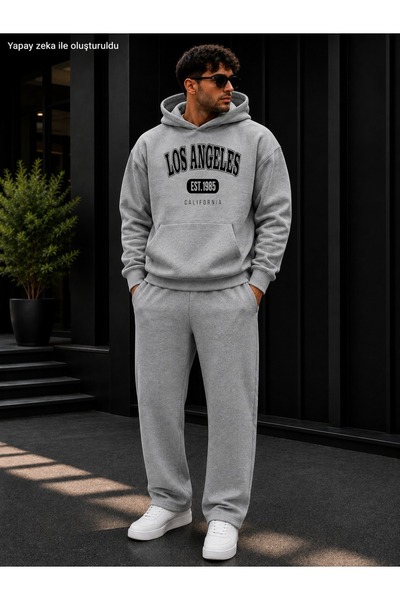 caddekombin Men's Los Angeles Est 1985 Printed Tracksuit Set / Hooded Kangaro...