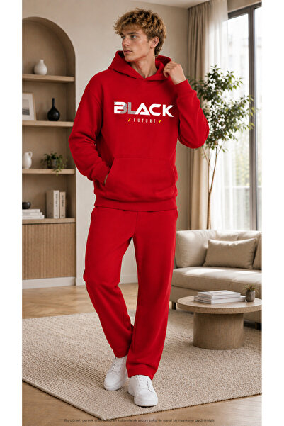 caddekombin Men's Black Future Printed Tracksuit Set / Hooded Sweatshirt with...