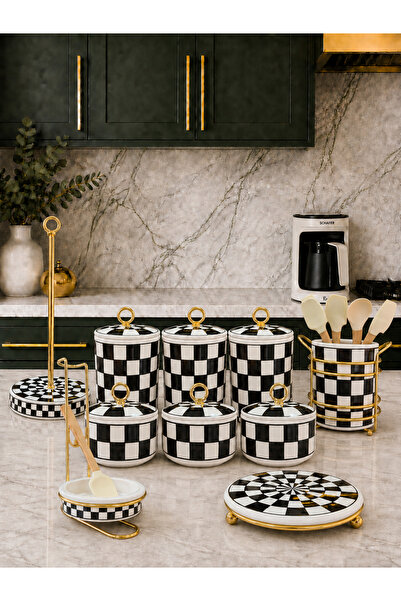 Bibo Home Mutfak Seti - Mutfak Çeyiz Seti 105 Siyah Damalı Gold