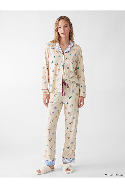 LC Waikiki Rmz Gi̇yi̇m Farkiyla Shirt Roba Collar Printed Women's Pajama Set