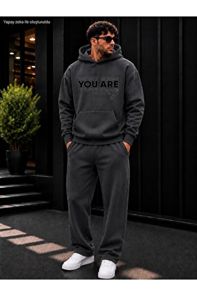 caddekombin Men's You Are Enough Written Sweatpants Set / Hooded Sweatshirt w...