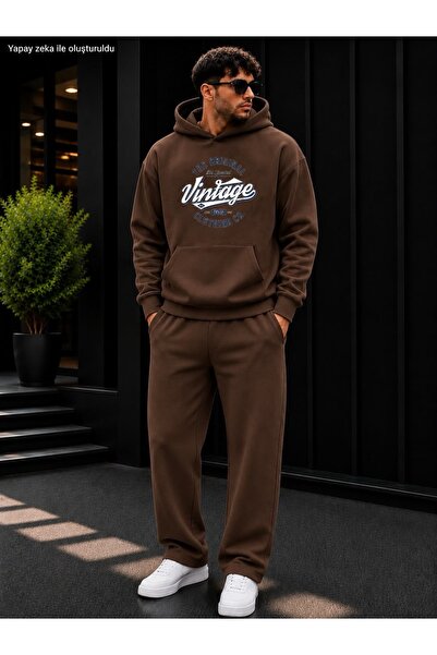 caddekombin Men's the Original Vintage Printed Tracksuit Set / Hooded Kangaro...