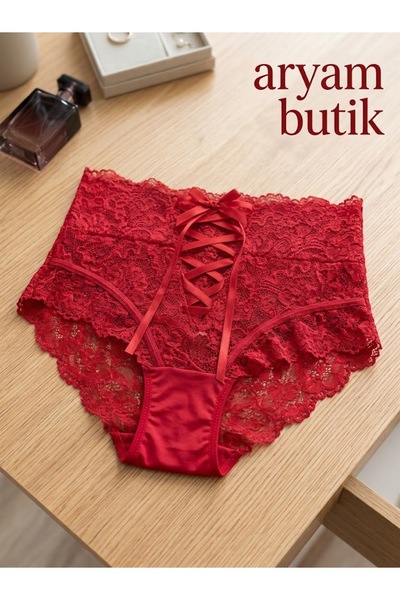 aryam butik Ateş Kırmızısı Dantelli Yüksek Bel Çapraz Bağcıklı Seksi Dantelli...