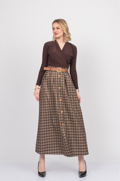 MissVina Fusta țesută în carouri, în carouri, în stil prestige, cu nasturi, c...