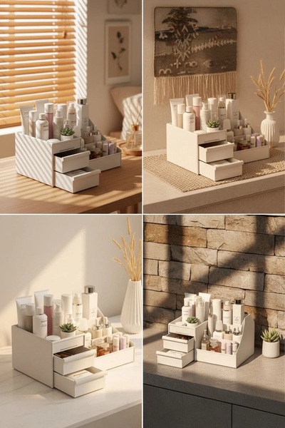 Kitchen Life Organizator de birou pentru bijuterii și machiaj, cu 3 niveluri și 2 sertare, cutie de depozitare cosmetică pentru desktop